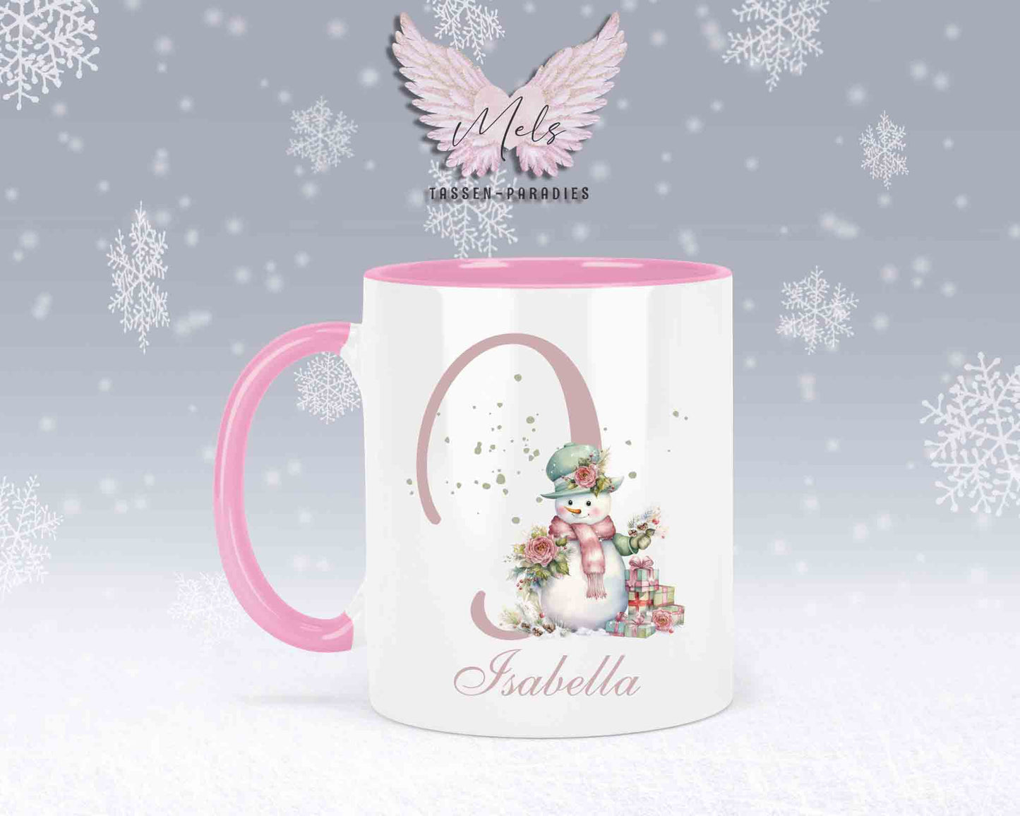 Schneemann Rosa-Alphabet mit Name - Personalisierte Keramik-Tasse Rosa