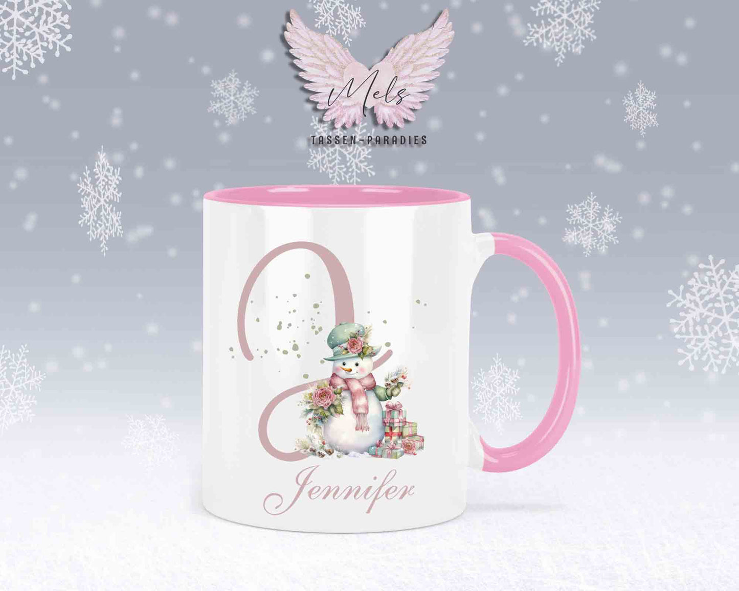 Schneemann Rosa-Alphabet mit Name - Personalisierte Keramik-Tasse Rosa