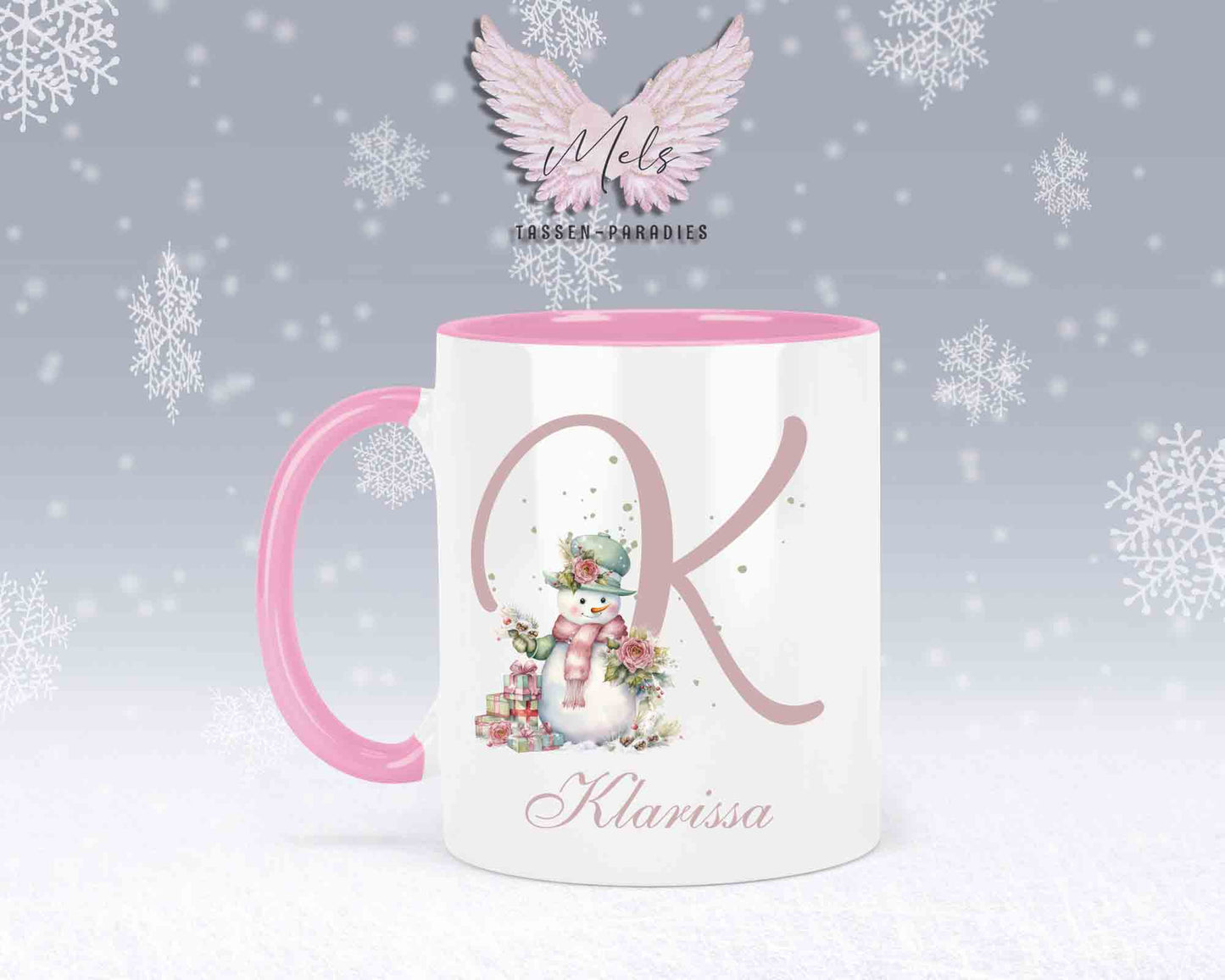 Schneemann Rosa-Alphabet mit Name - Personalisierte Keramik-Tasse Rosa