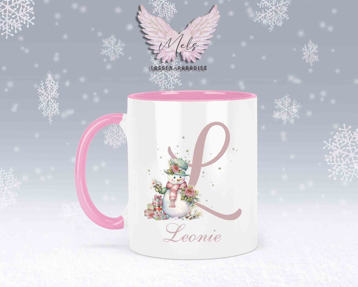 Schneemann Rosa-Alphabet mit Name - Personalisierte Keramik-Tasse Rosa