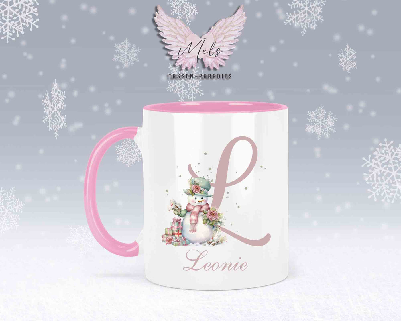 Schneemann Rosa-Alphabet mit Name - Personalisierte Keramik-Tasse Rosa