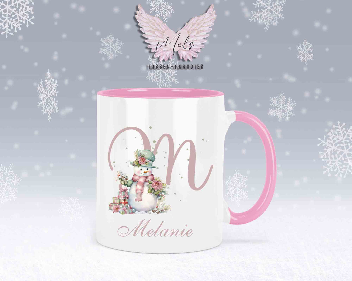 Schneemann Rosa-Alphabet mit Name - Personalisierte Keramik-Tasse Rosa