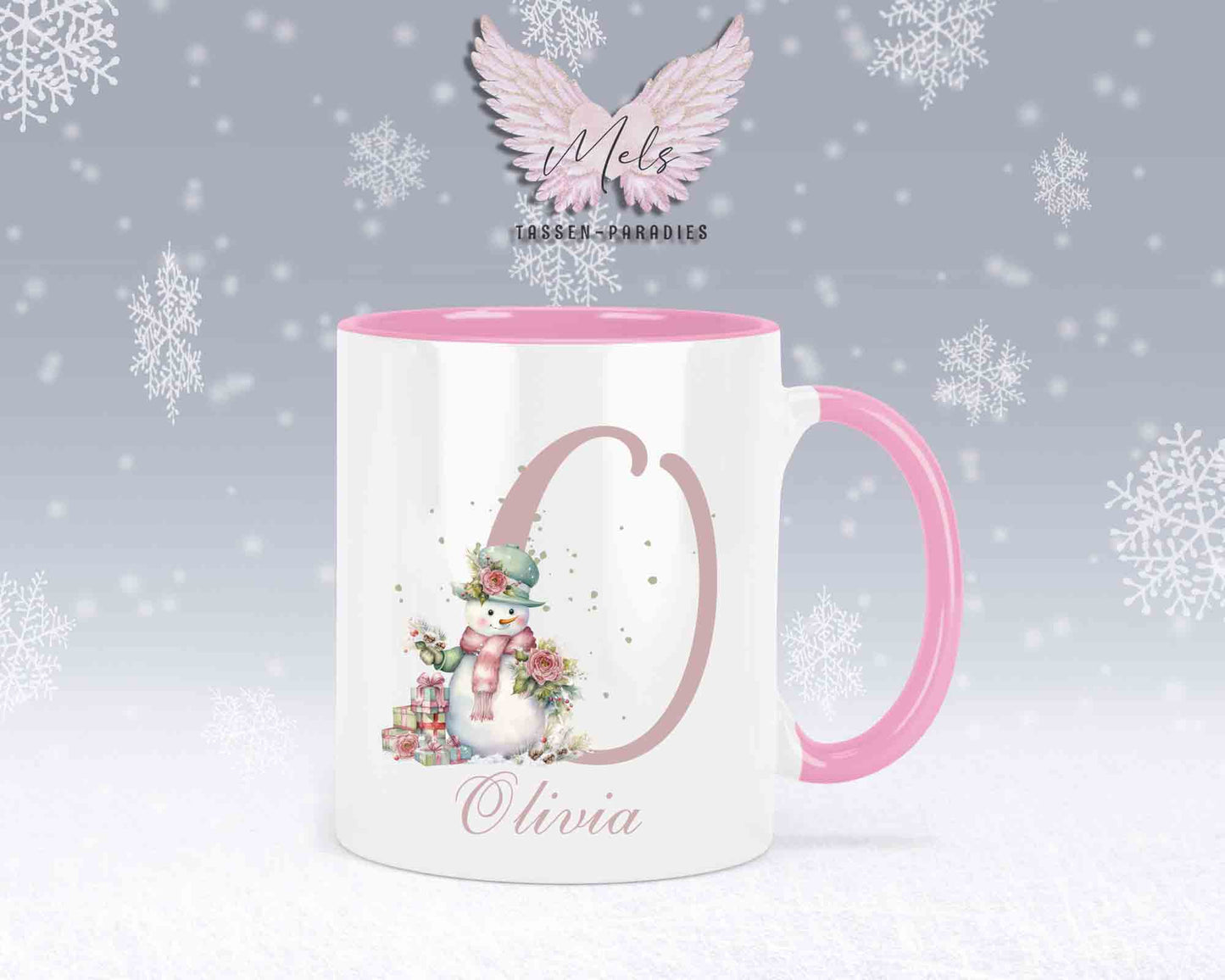 Schneemann Rosa-Alphabet mit Name - Personalisierte Keramik-Tasse Rosa