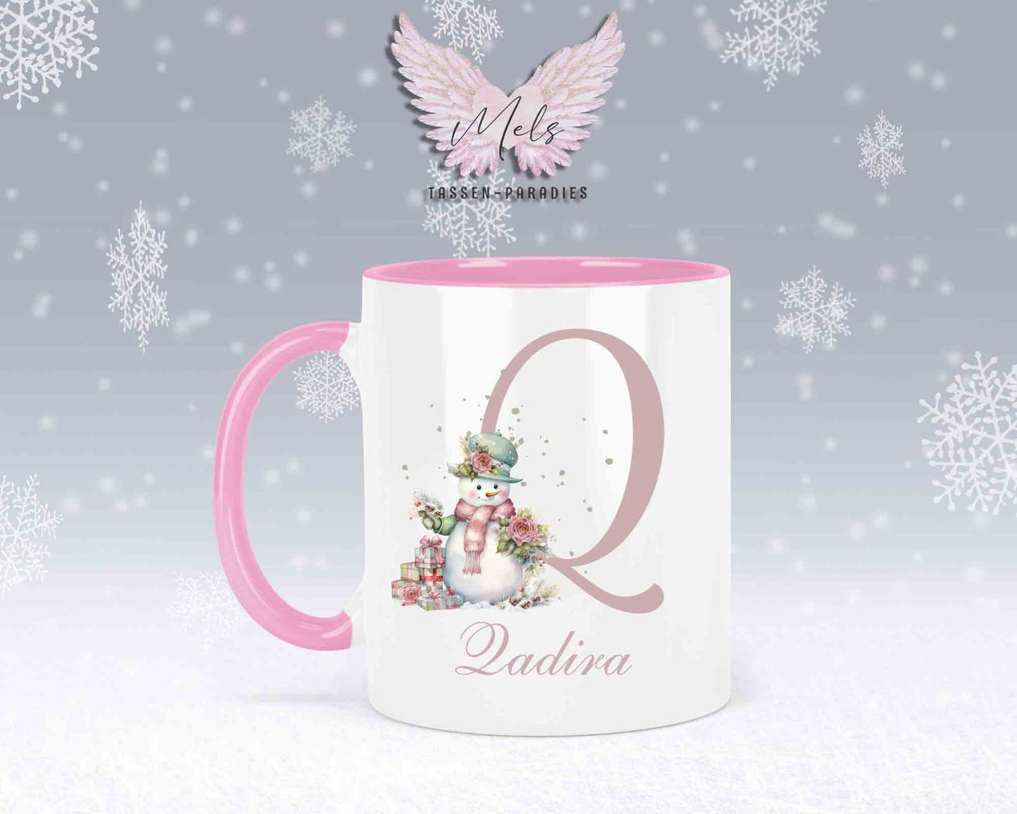 Schneemann Rosa-Alphabet mit Name - Personalisierte Keramik-Tasse Rosa