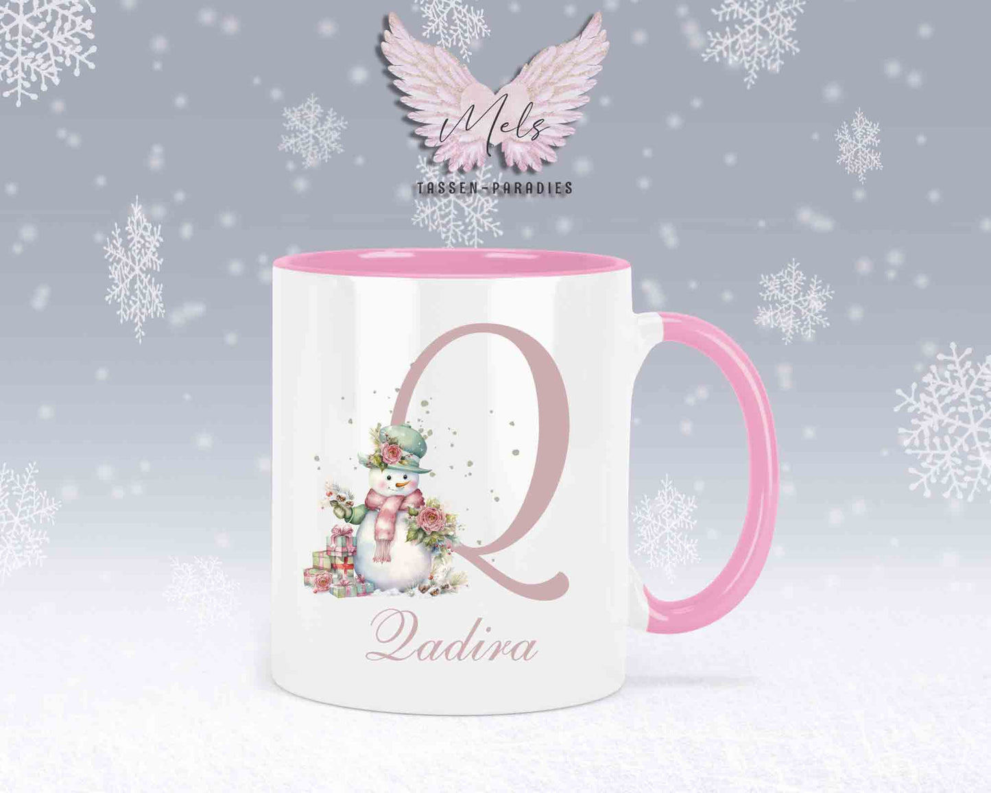 Schneemann Rosa-Alphabet mit Name - Personalisierte Keramik-Tasse Rosa