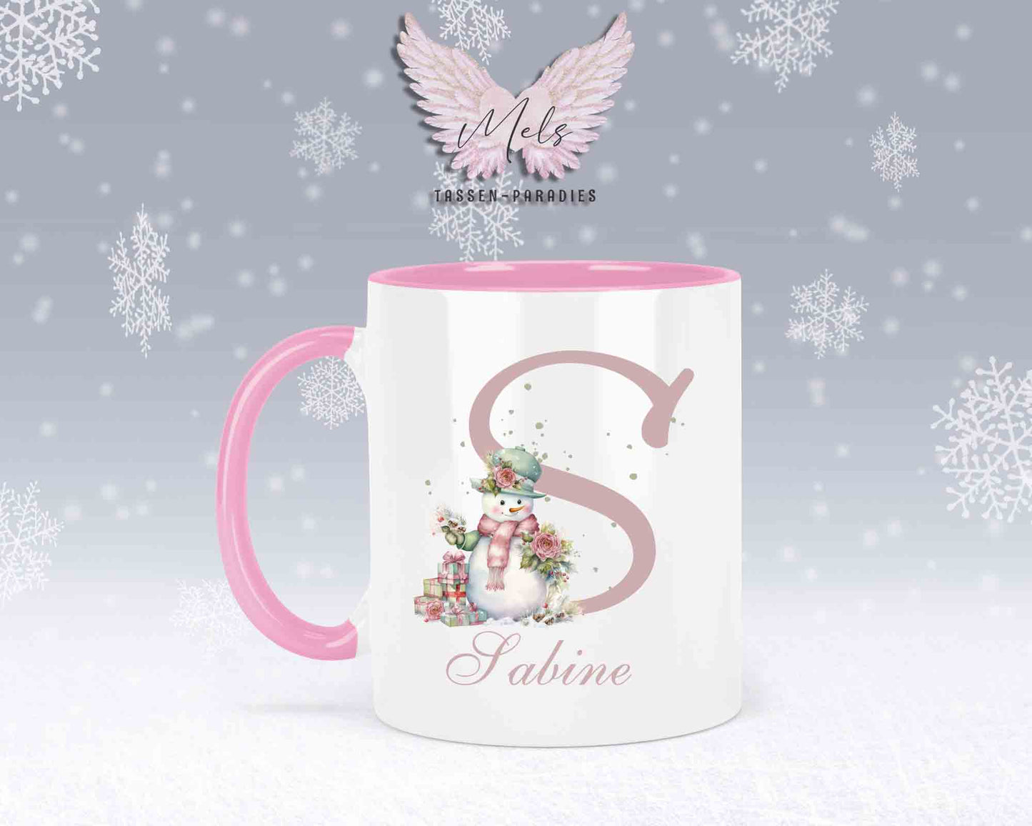 Schneemann Rosa-Alphabet mit Name - Personalisierte Keramik-Tasse Rosa