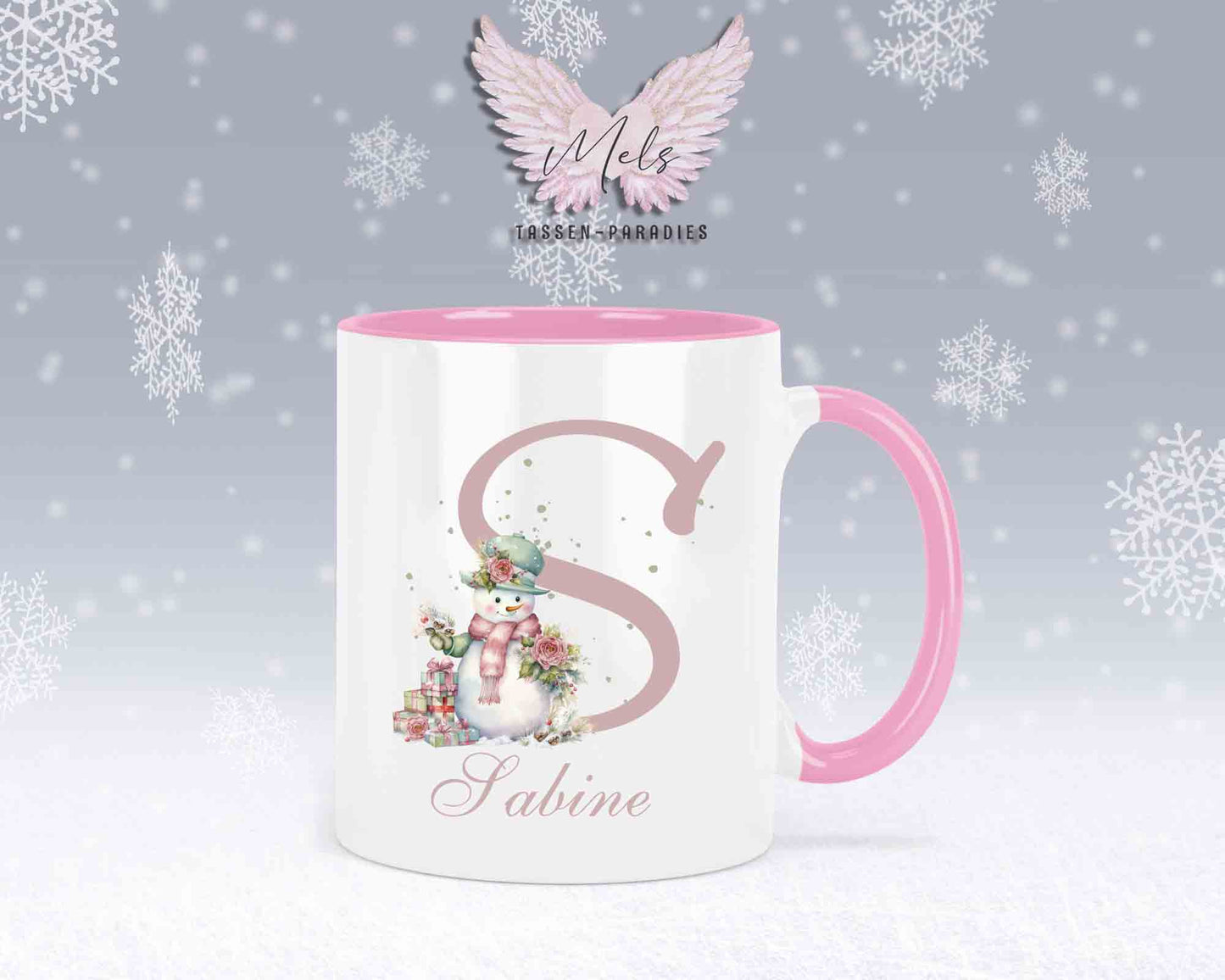 Schneemann Rosa-Alphabet mit Name - Personalisierte Keramik-Tasse Rosa