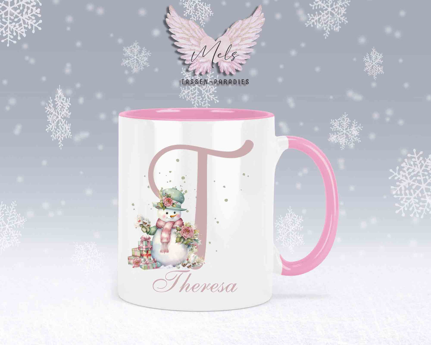 Schneemann Rosa-Alphabet mit Name - Personalisierte Keramik-Tasse Rosa