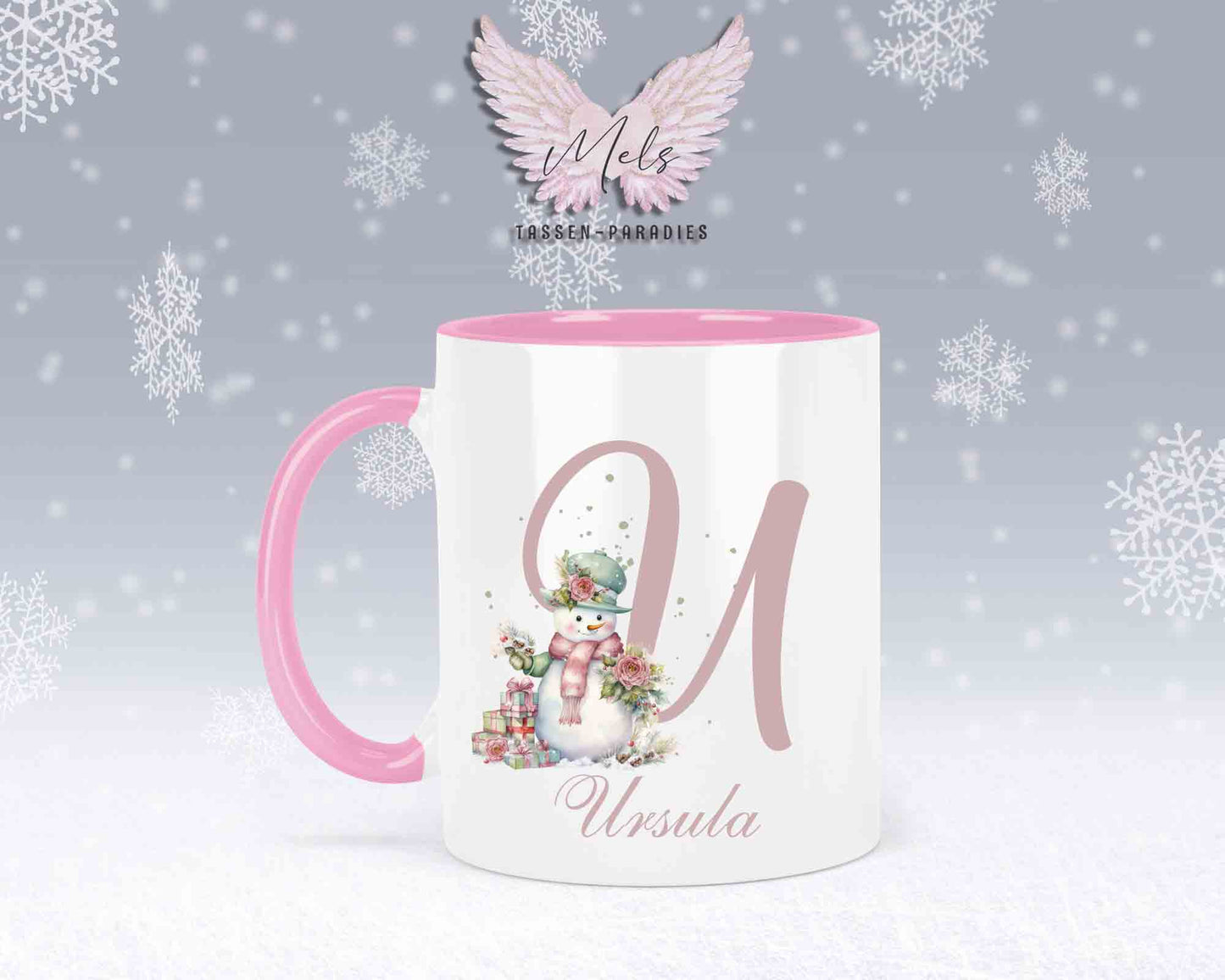 Schneemann Rosa-Alphabet mit Name - Personalisierte Keramik-Tasse Rosa