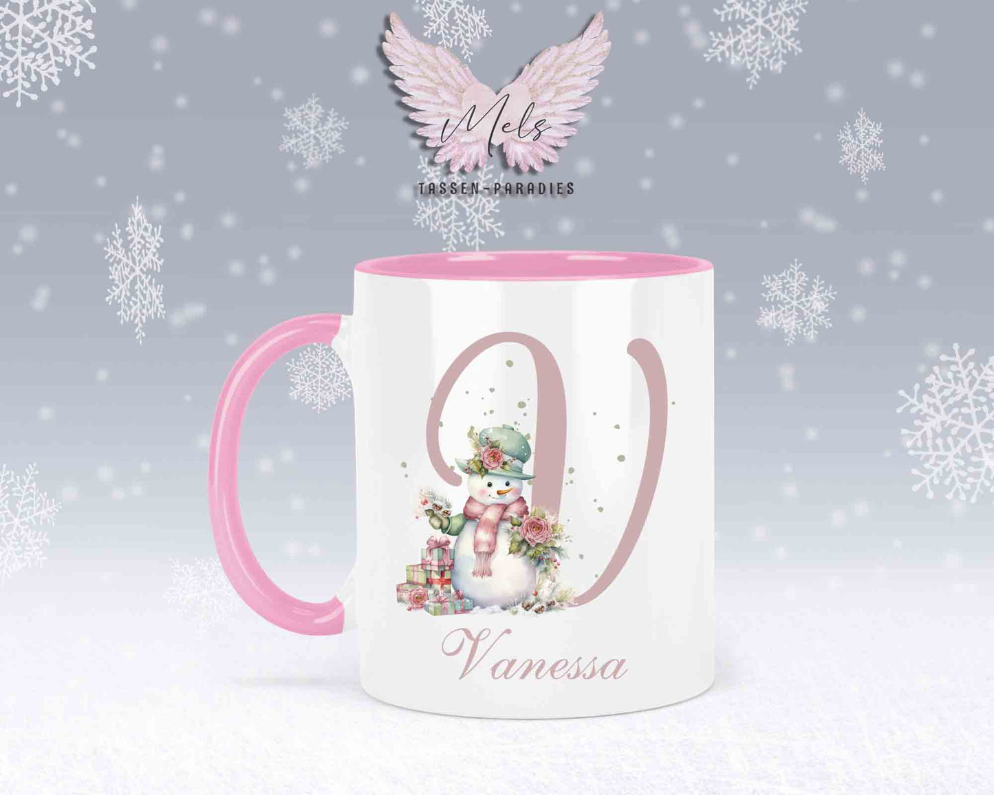 Schneemann Rosa-Alphabet mit Name - Personalisierte Keramik-Tasse Rosa