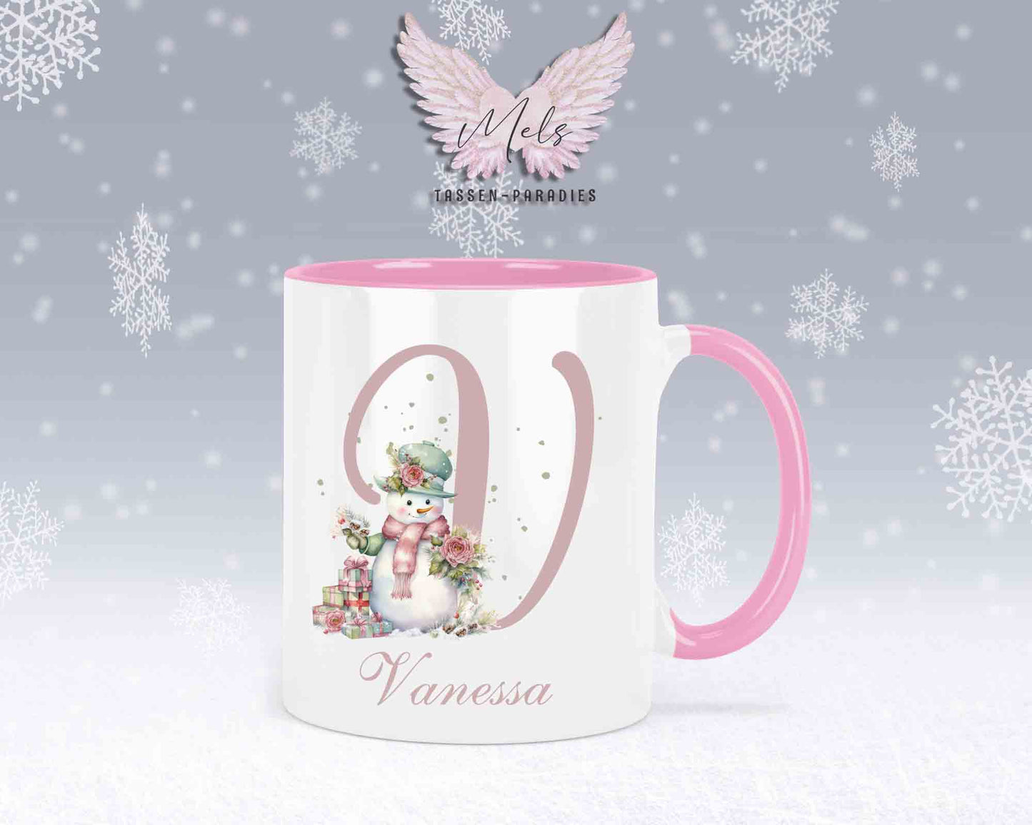 Schneemann Rosa-Alphabet mit Name - Personalisierte Keramik-Tasse Rosa