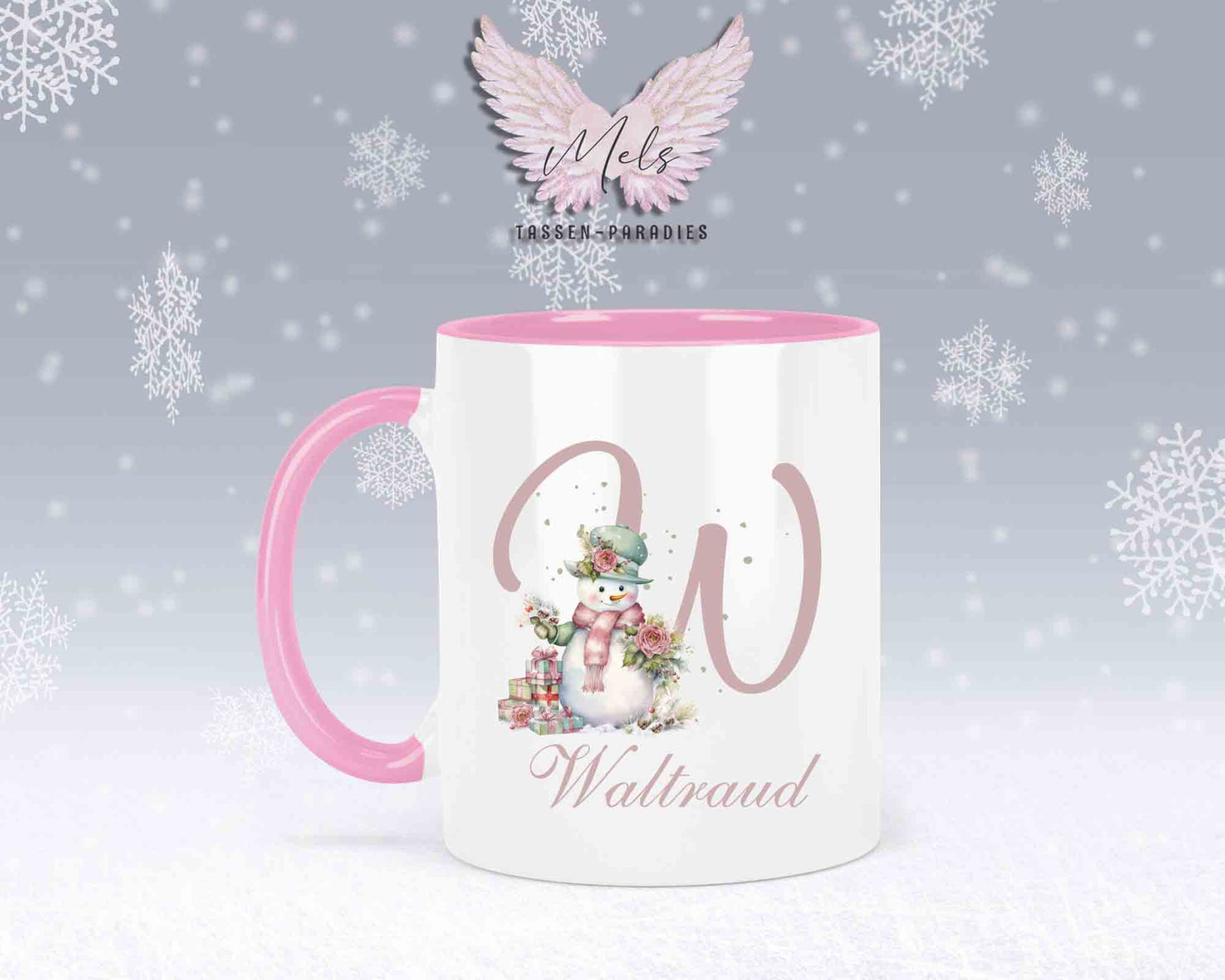 Schneemann Rosa-Alphabet mit Name - Personalisierte Keramik-Tasse Rosa