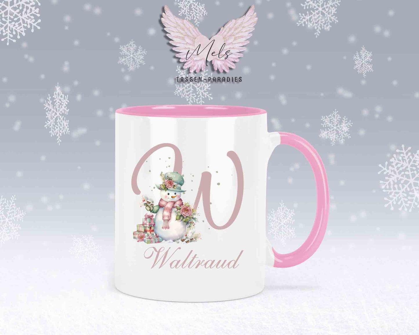 Schneemann Rosa-Alphabet mit Name - Personalisierte Keramik-Tasse Rosa