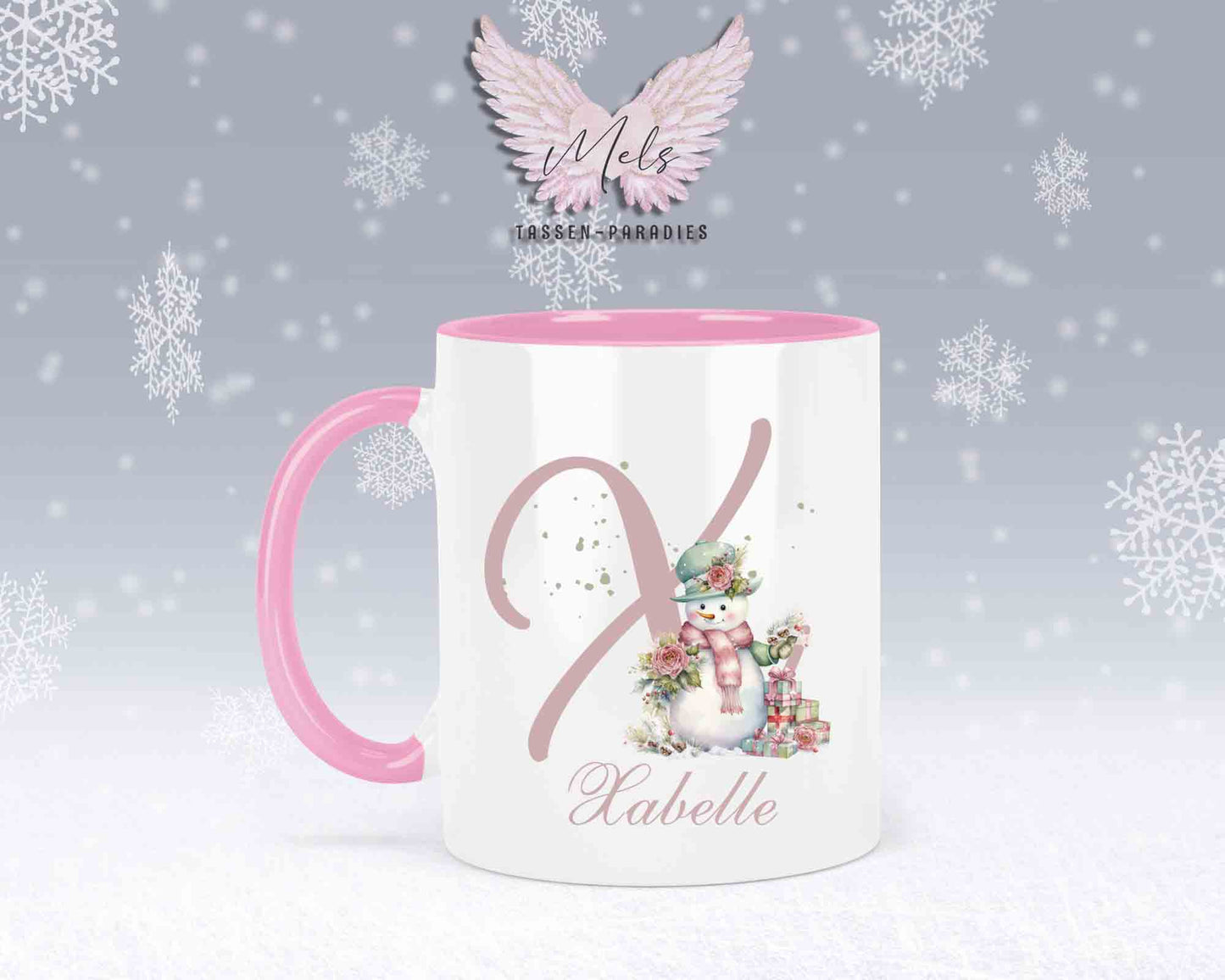 Schneemann Rosa-Alphabet mit Name - Personalisierte Keramik-Tasse Rosa