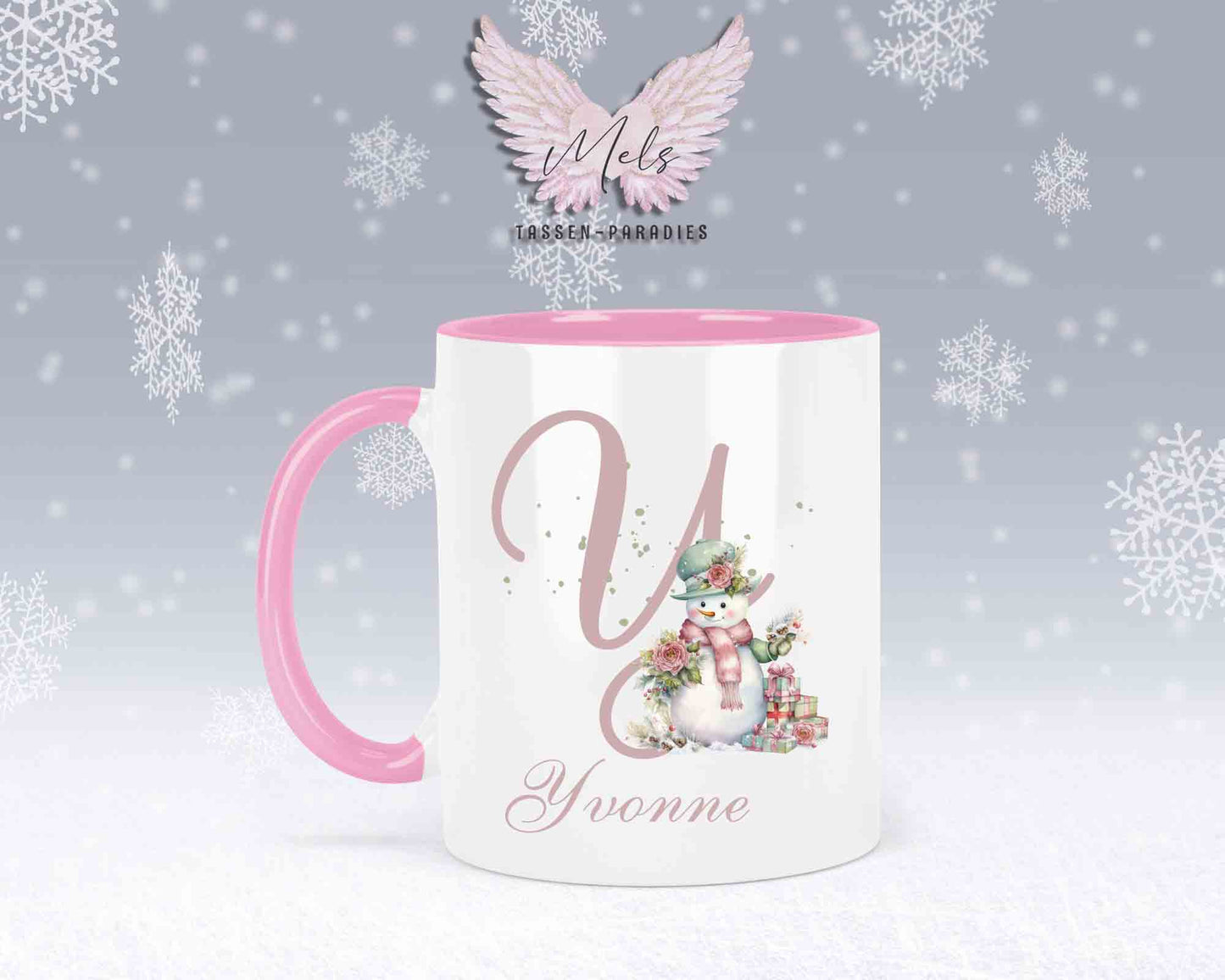 Schneemann Rosa-Alphabet mit Name - Personalisierte Keramik-Tasse Rosa