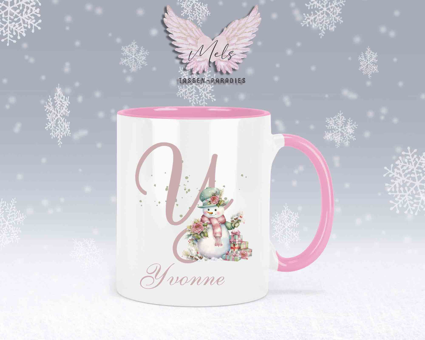 Schneemann Rosa-Alphabet mit Name - Personalisierte Keramik-Tasse Rosa