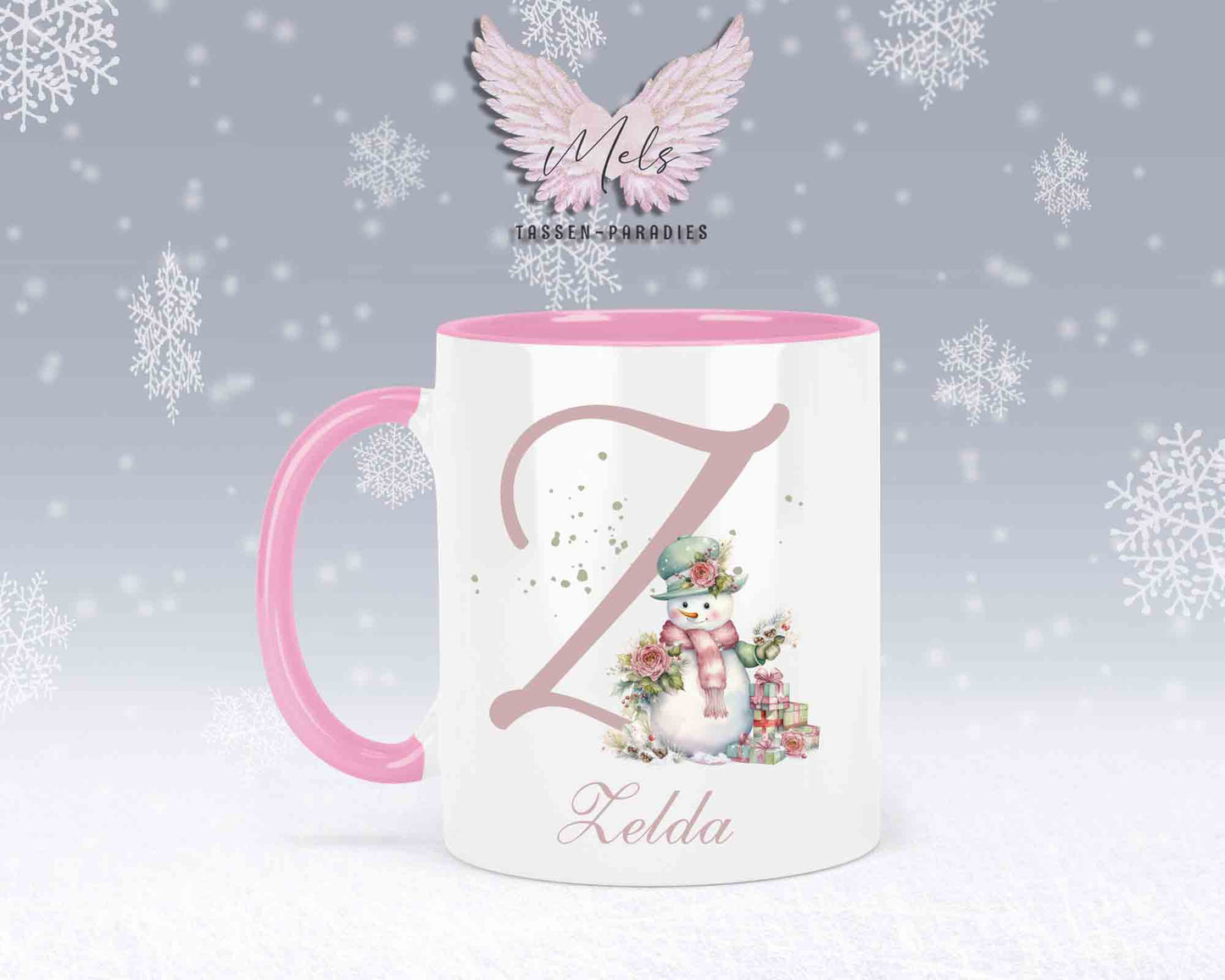 Schneemann Rosa-Alphabet mit Name - Personalisierte Keramik-Tasse Rosa