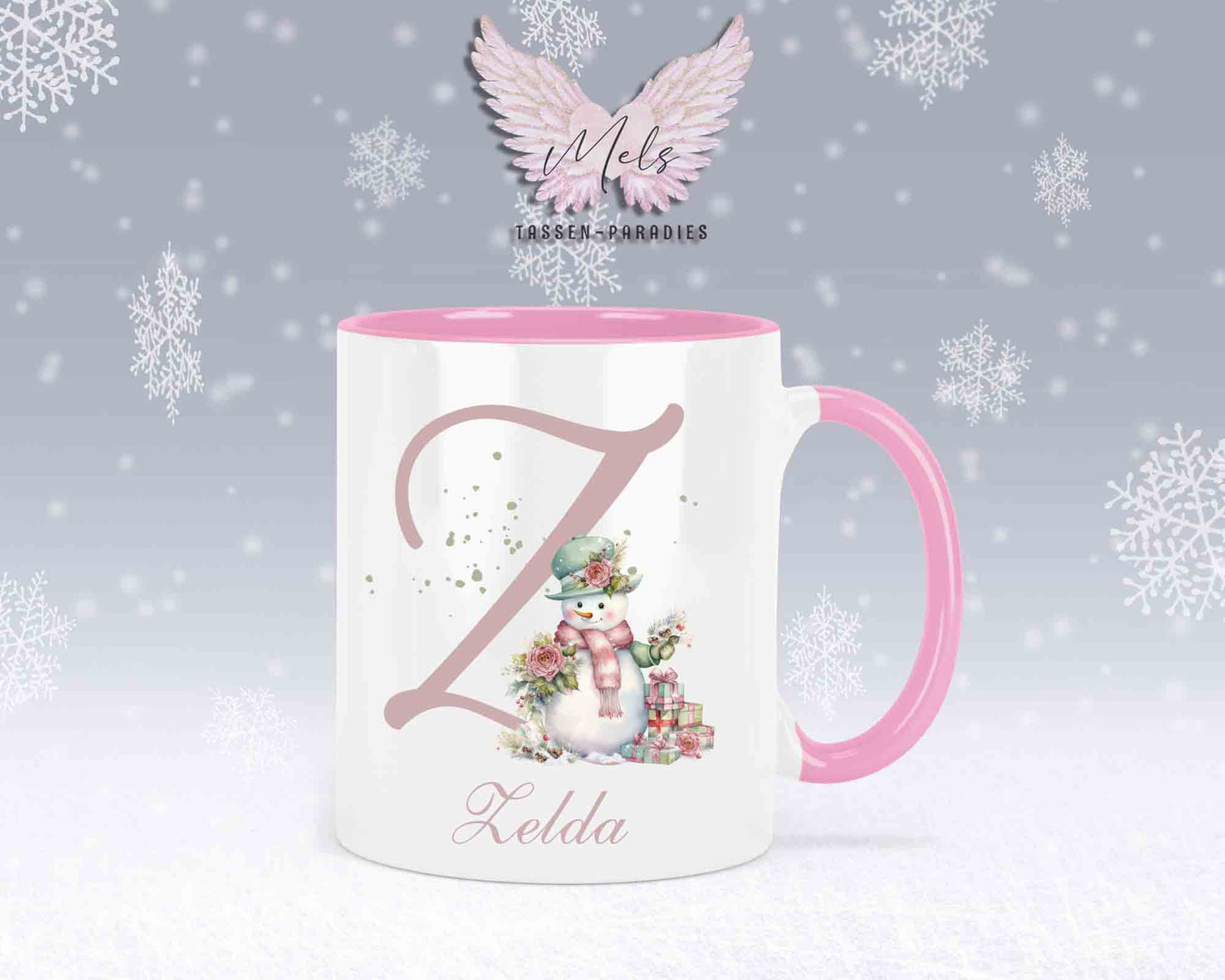 Schneemann Rosa-Alphabet mit Name - Personalisierte Keramik-Tasse Rosa