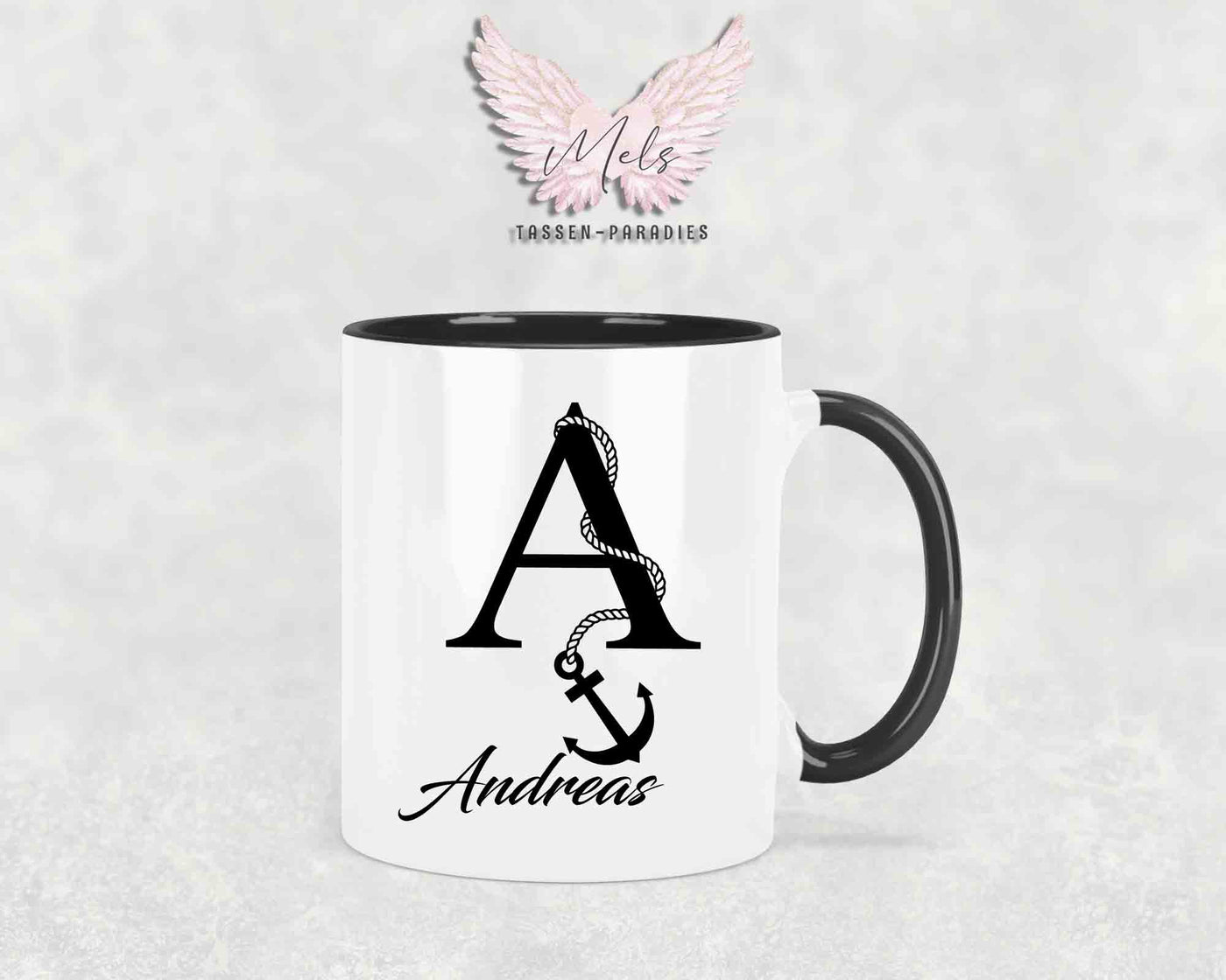 Anker-Alphabet mit Name - Personalisierte Keramik-Tasse Schwarz