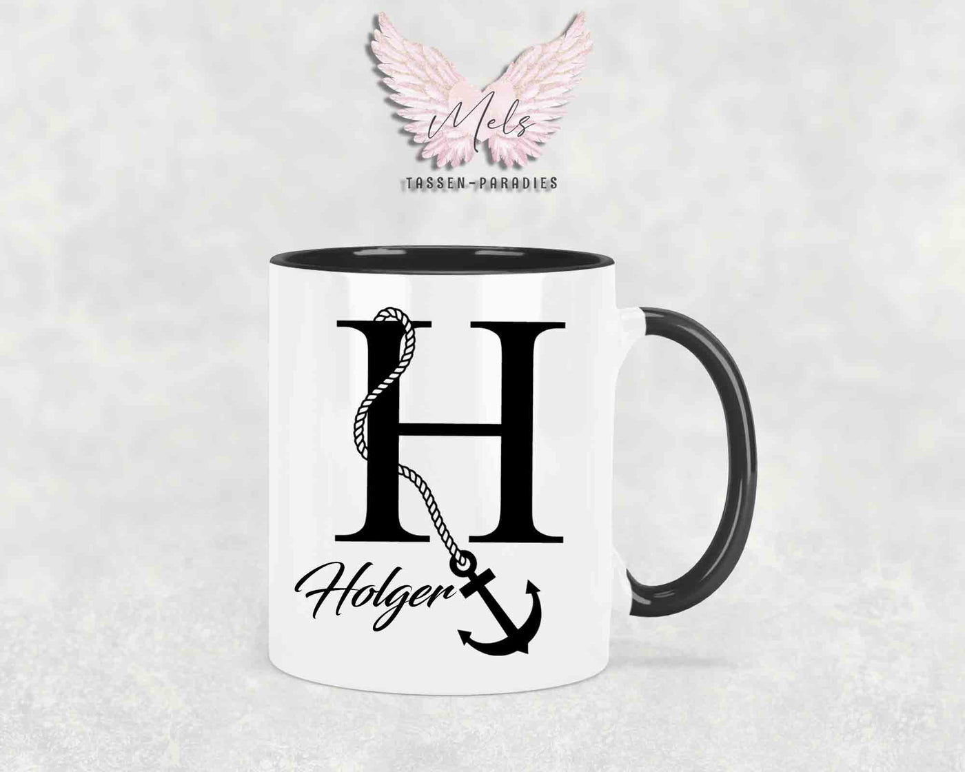 Anker-Alphabet mit Name - Personalisierte Keramik-Tasse Schwarz