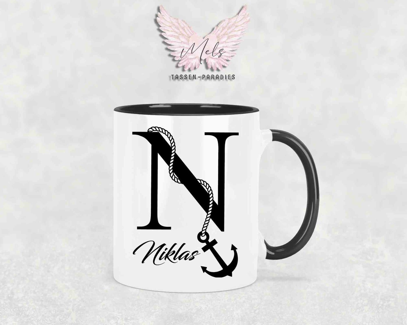 Anker-Alphabet mit Name - Personalisierte Keramik-Tasse Schwarz