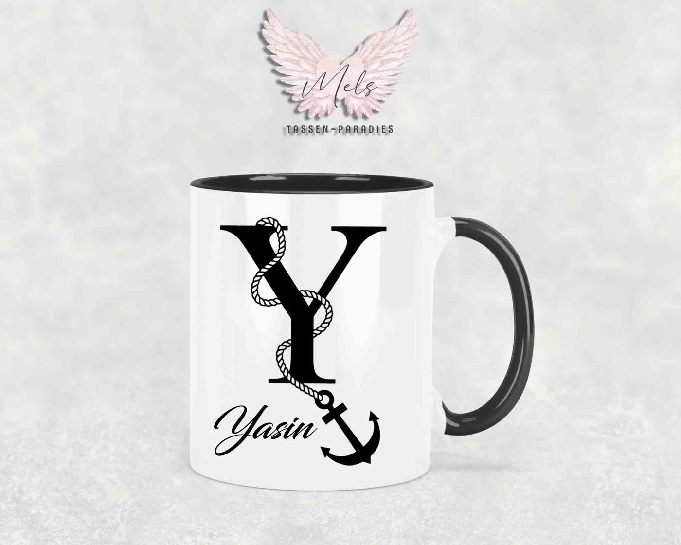 Anker-Alphabet mit Name - Personalisierte Keramik-Tasse Schwarz