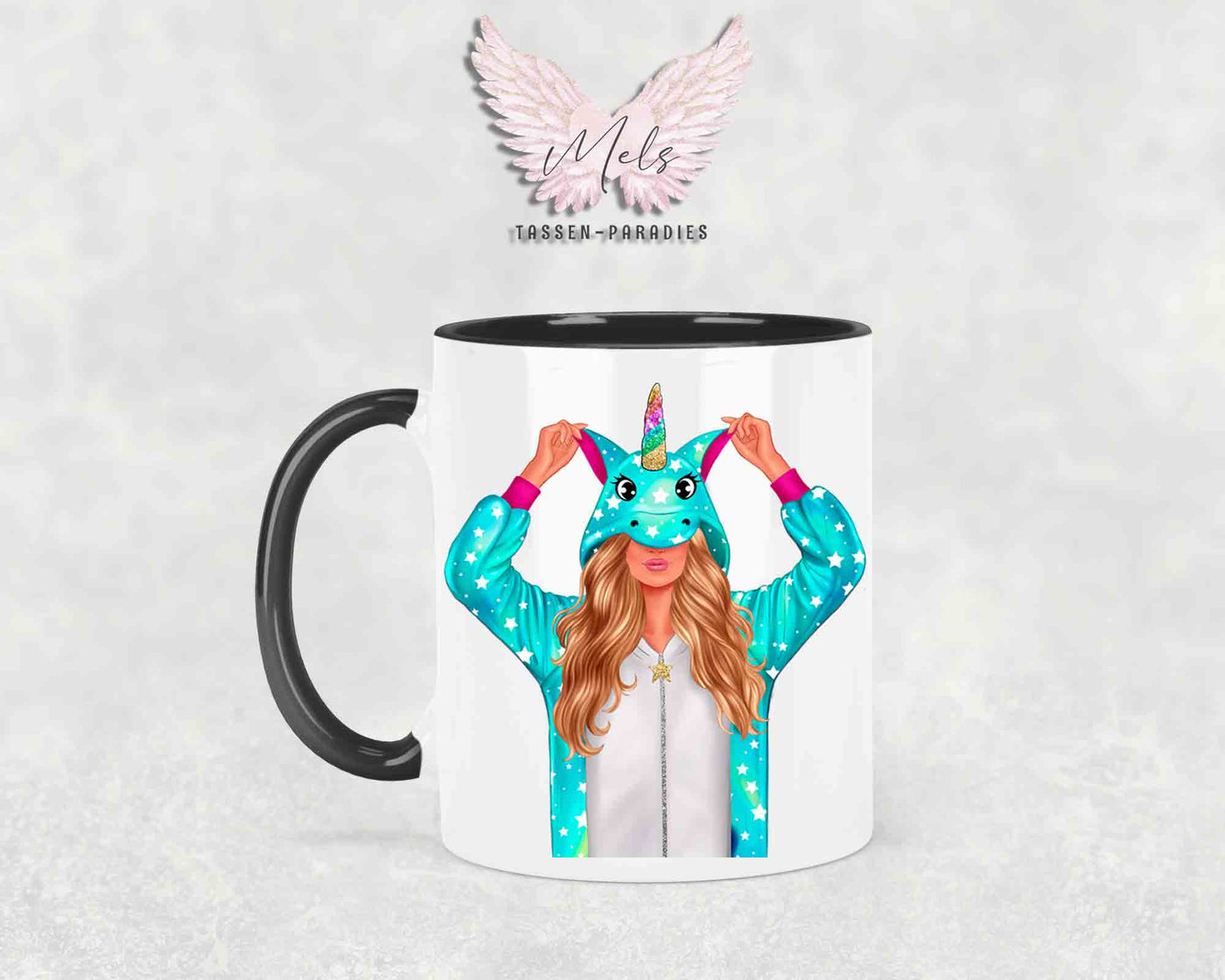 Einhorn-Frau Blond  - mit Auswahl Mantelfarbe - Personalisierte Tassen mit und ohne Name
