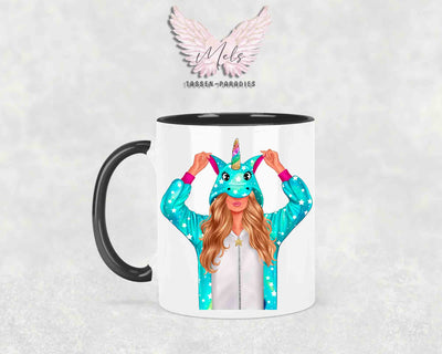 Einhorn-Frau Blond  - mit Auswahl Mantelfarbe - Personalisierte Tassen mit und ohne Name