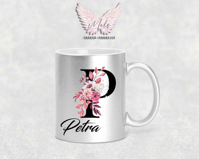 Alphabet mit Name - Personalisierte Keramik-Tasse Silber Met.