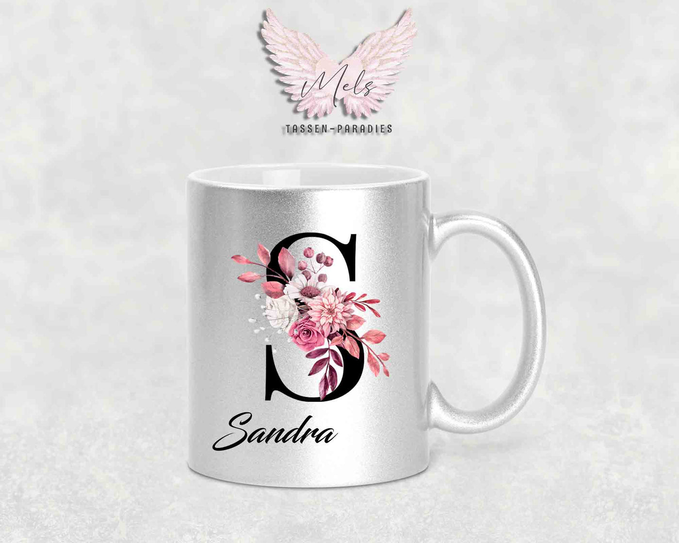 Alphabet mit Name - Personalisierte Keramik-Tasse Silber Met.