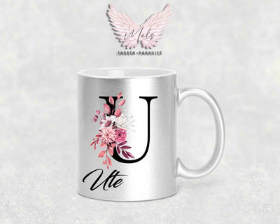 Alphabet mit Name - Personalisierte Keramik-Tasse Silber Met.