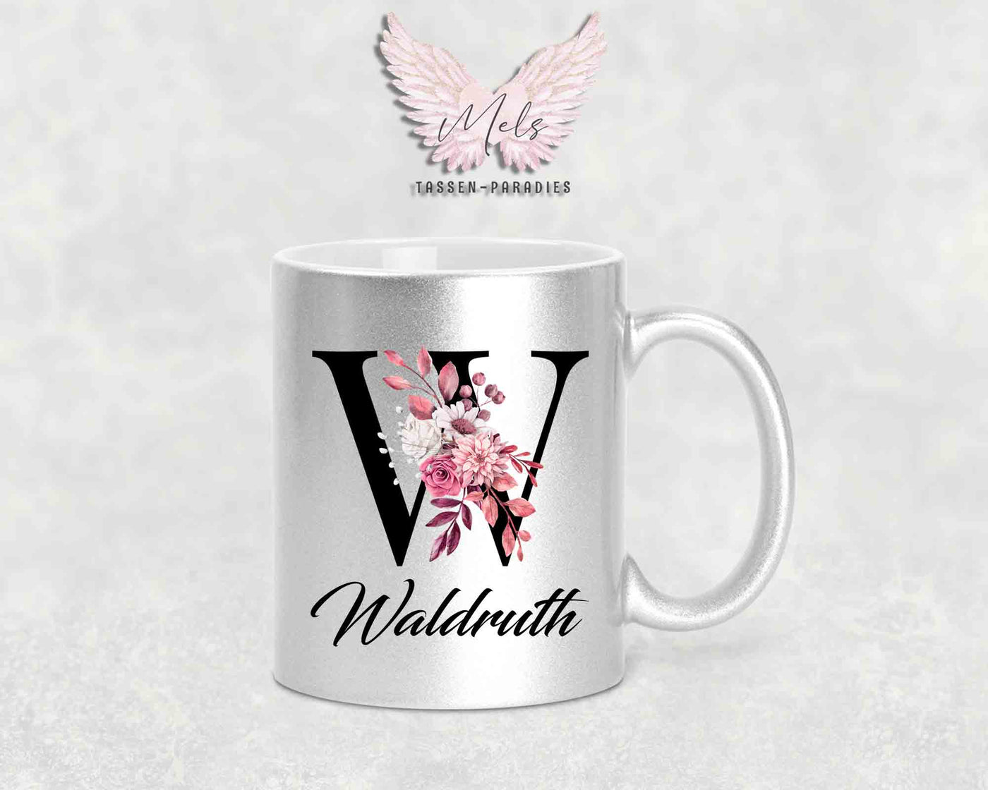 Alphabet mit Name - Personalisierte Keramik-Tasse Silber Met.