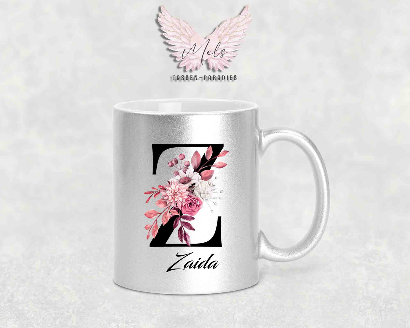 Alphabet mit Name - Personalisierte Keramik-Tasse Silber Met.