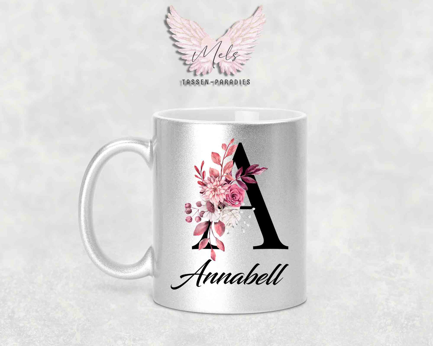 Alphabet mit Name - Personalisierte Keramik-Tasse Silber Met.