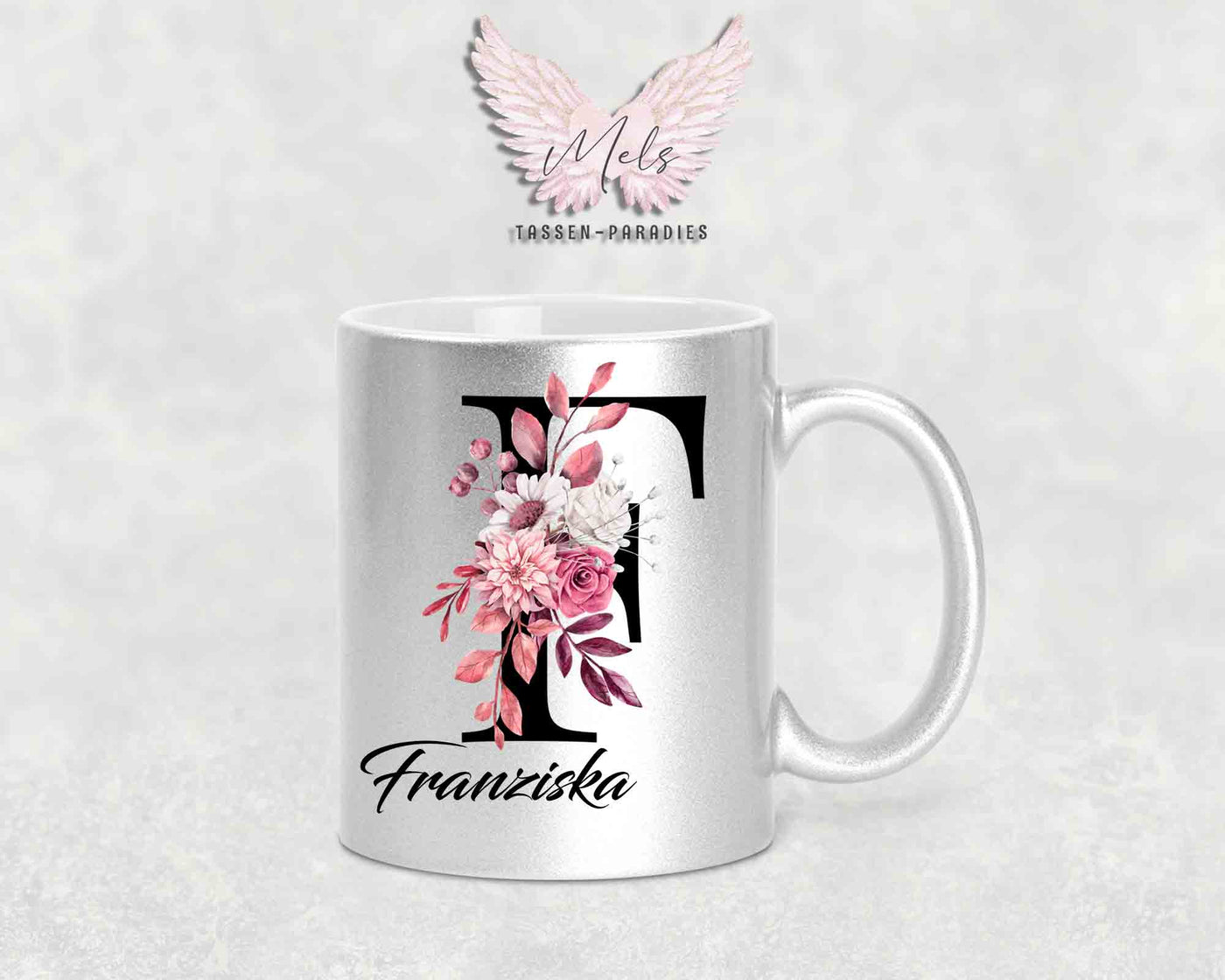 Alphabet mit Name - Personalisierte Keramik-Tasse Silber Met.