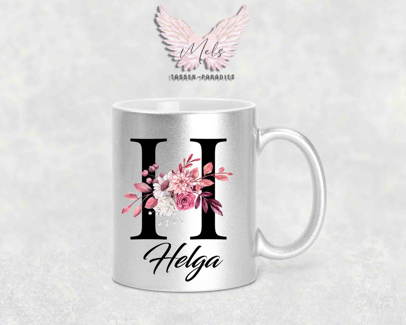 Alphabet mit Name - Personalisierte Keramik-Tasse Silber Met.