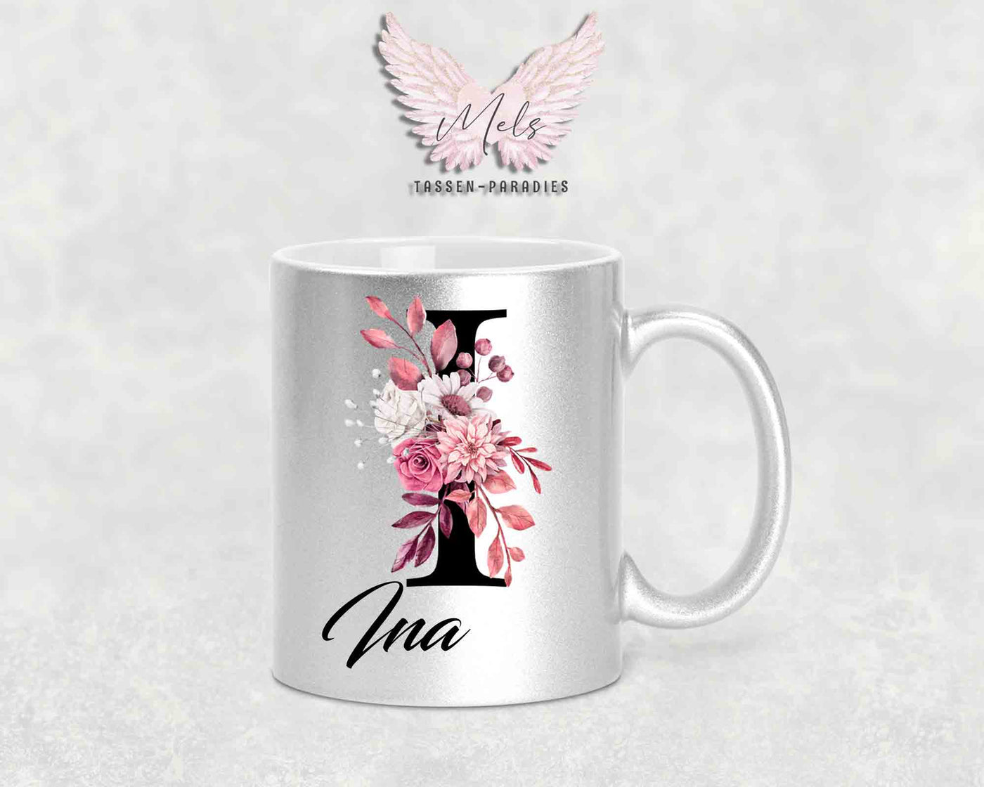 Alphabet mit Name - Personalisierte Keramik-Tasse Silber Met.