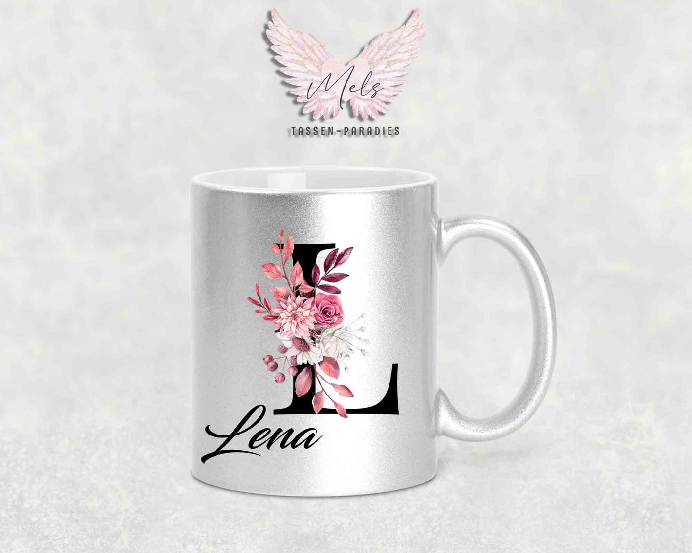 Alphabet mit Name - Personalisierte Keramik-Tasse Silber Met.