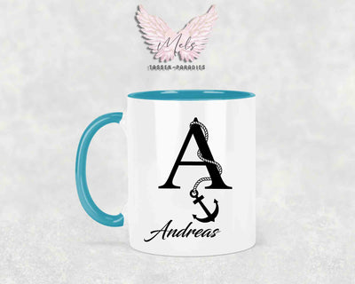 Anker-Alphabet mit Name - Personalisierte Keramik-Tasse Türkis