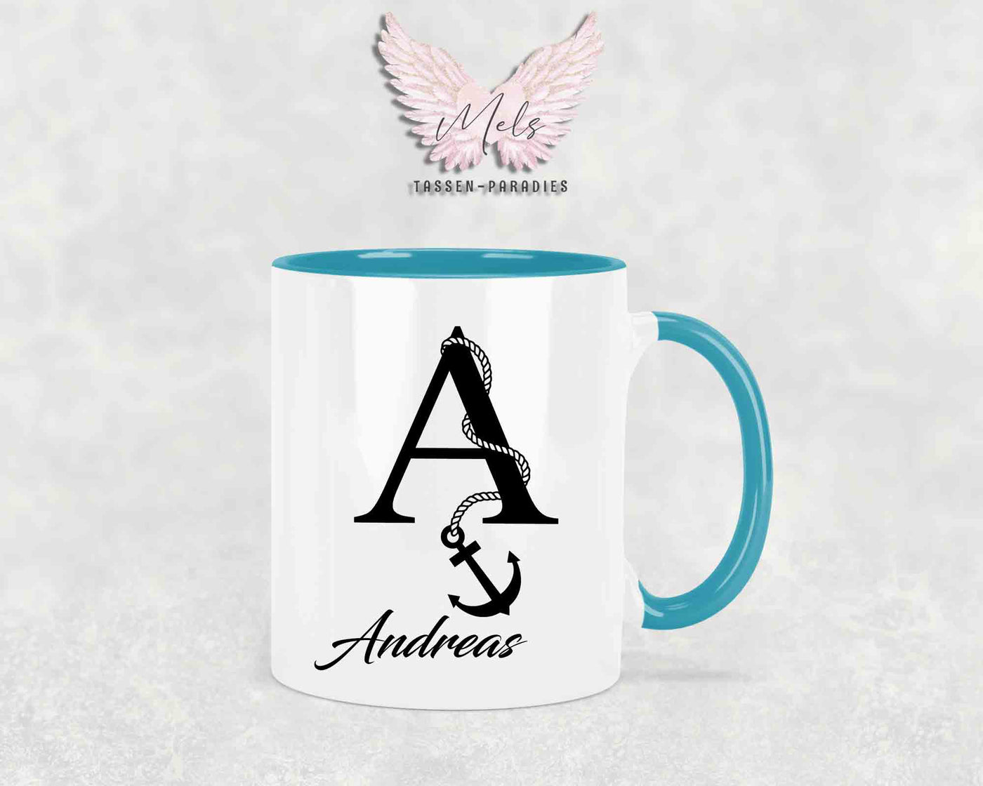 Anker-Alphabet mit Name - Personalisierte Keramik-Tasse Türkis