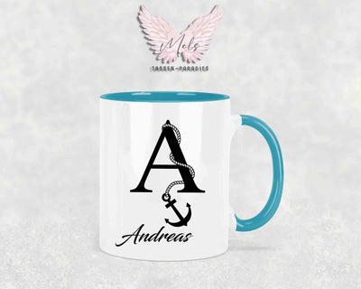 Anker-Alphabet mit Name - Personalisierte Keramik-Tasse Türkis