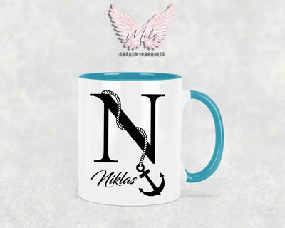 Anker-Alphabet mit Name - Personalisierte Keramik-Tasse Türkis