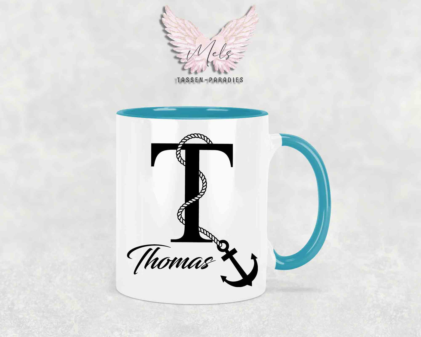 Anker-Alphabet mit Name - Personalisierte Keramik-Tasse Türkis