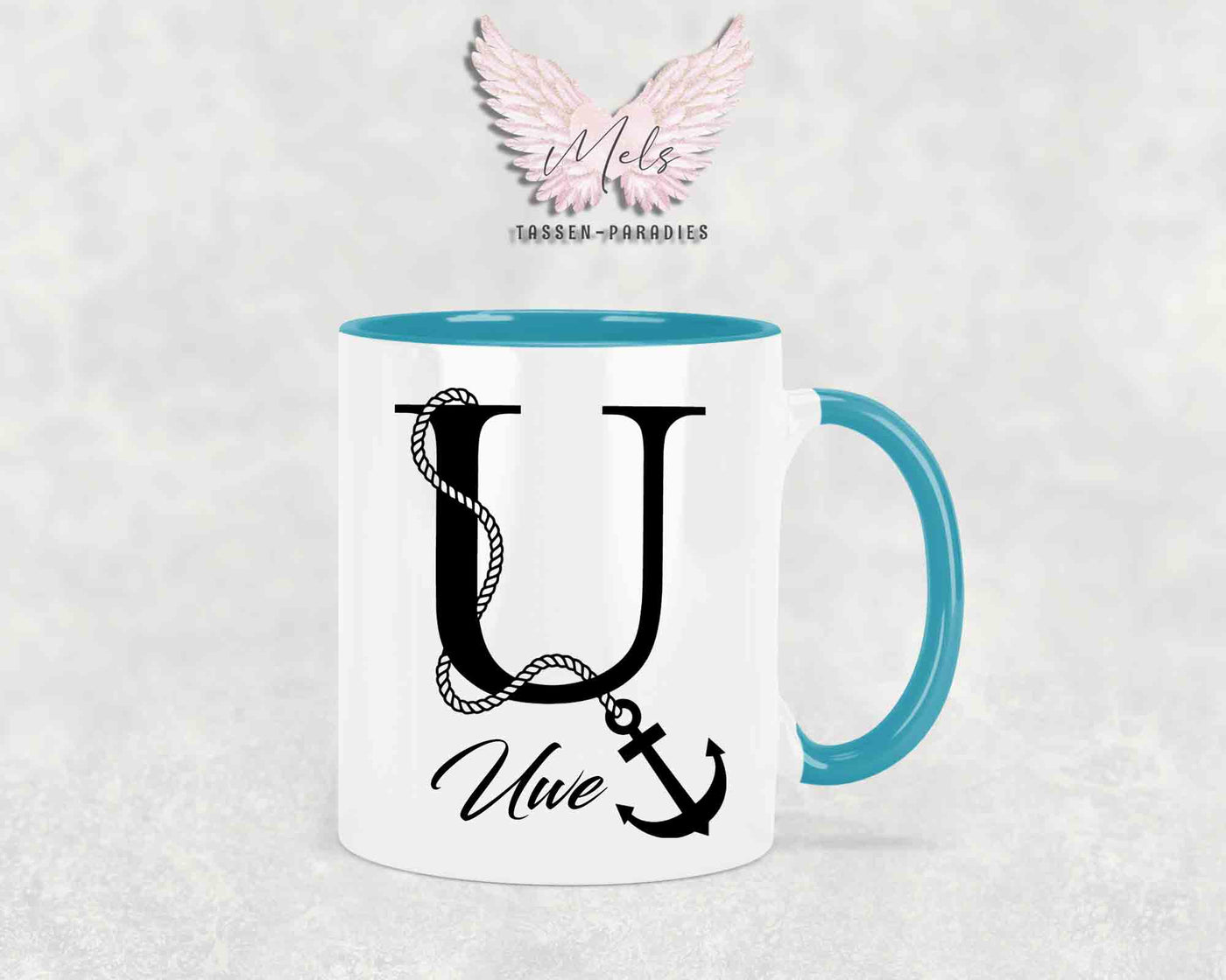 Anker-Alphabet mit Name - Personalisierte Keramik-Tasse Türkis