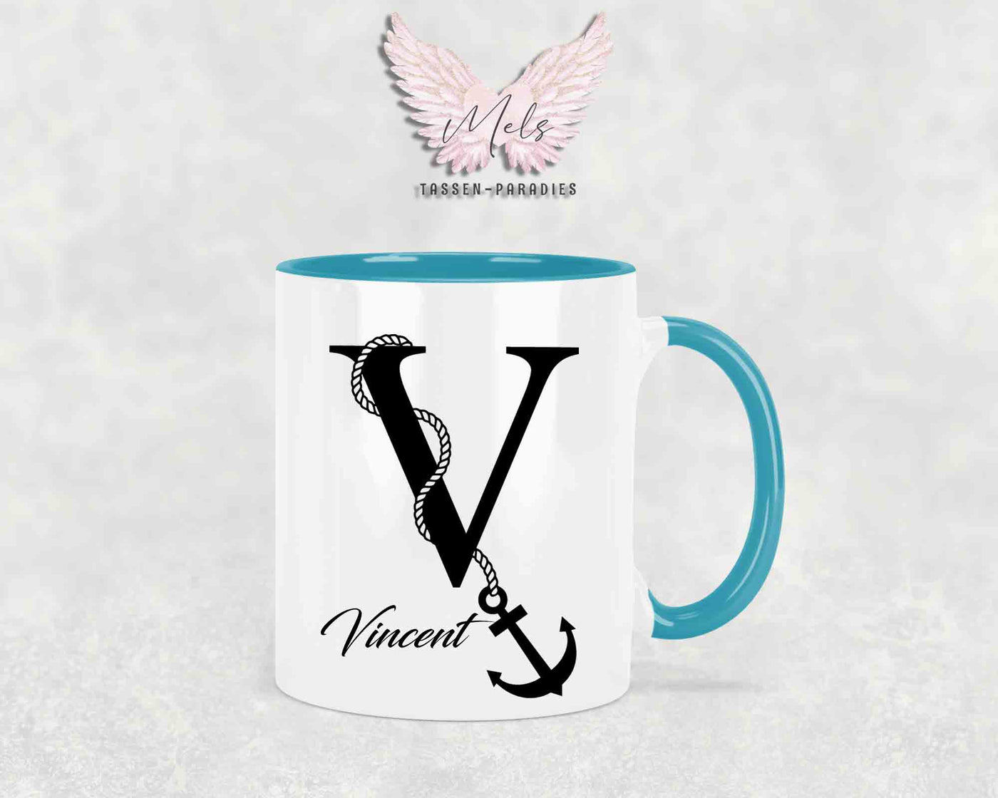 Anker-Alphabet mit Name - Personalisierte Keramik-Tasse Türkis