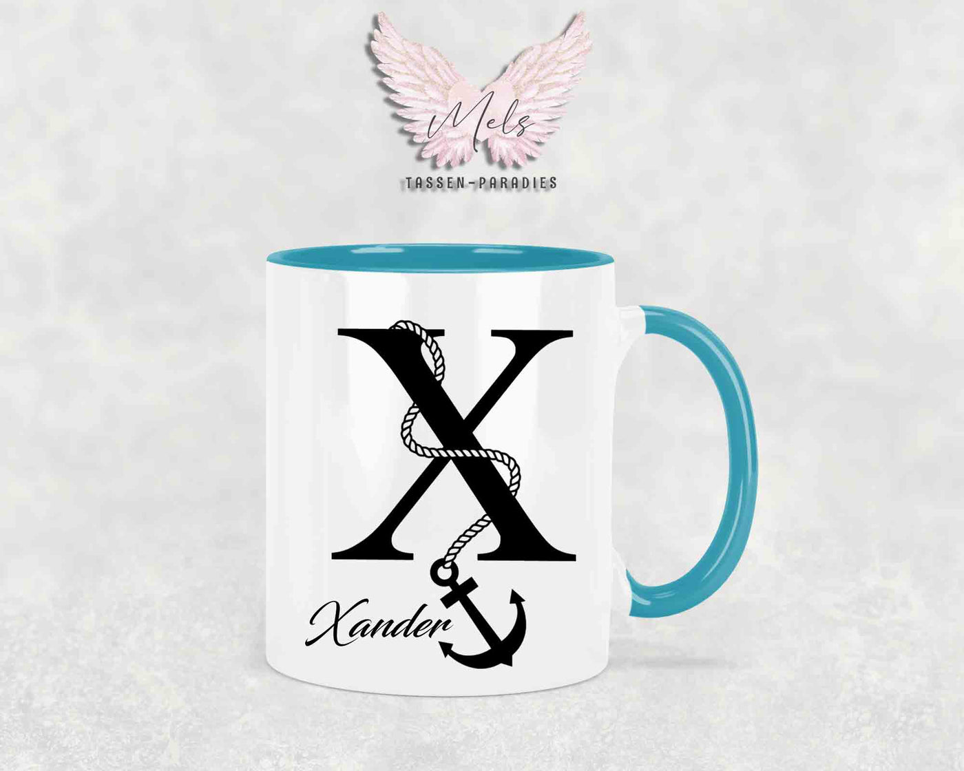 Anker-Alphabet mit Name - Personalisierte Keramik-Tasse Türkis