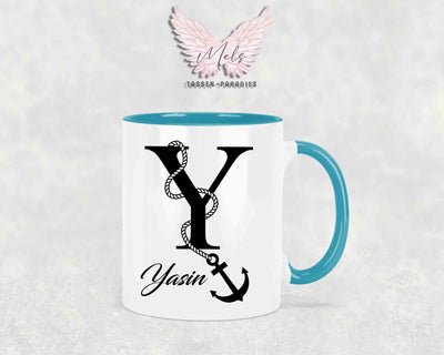 Anker-Alphabet mit Name - Personalisierte Keramik-Tasse Türkis