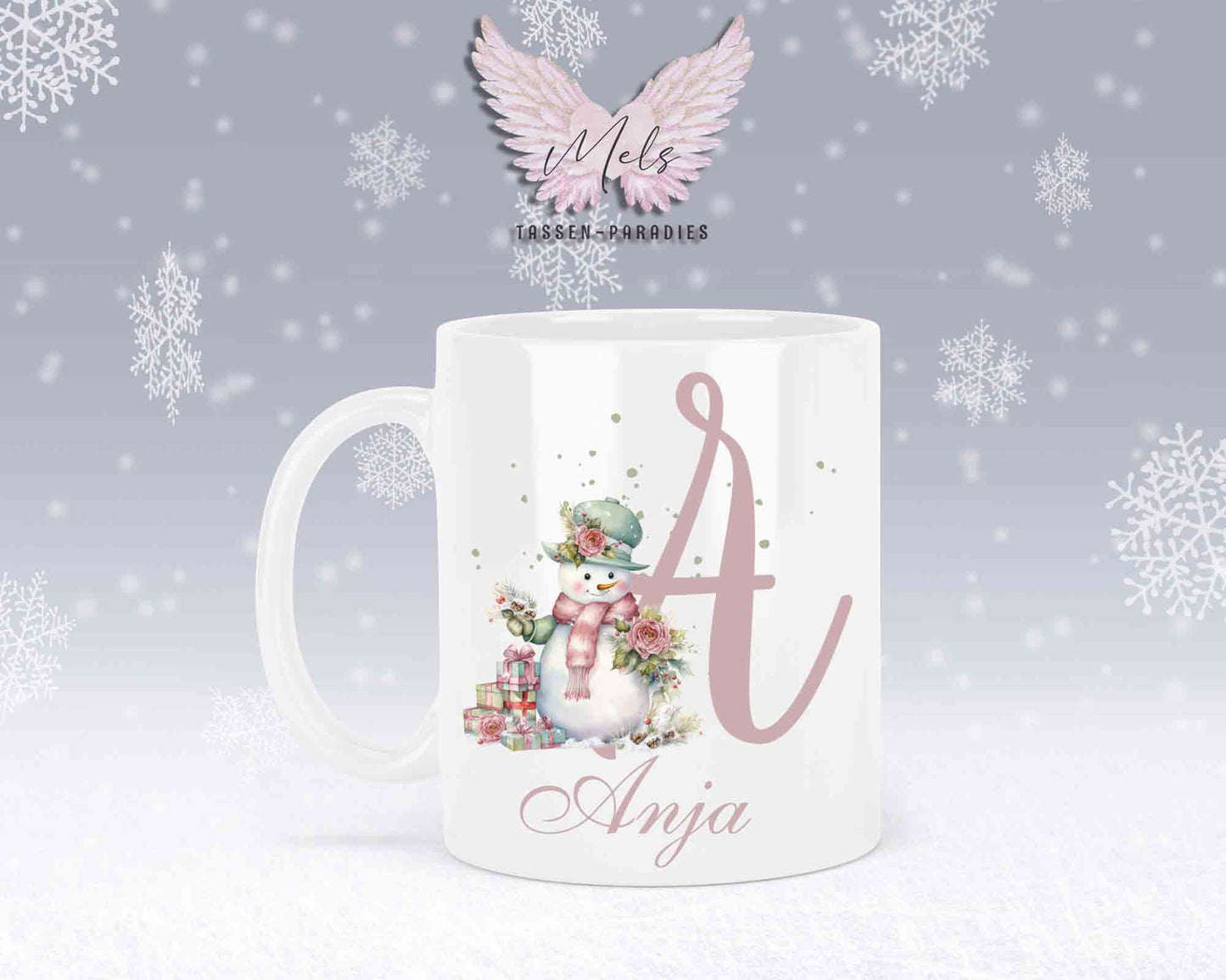 Schneemann Rosa-Alphabet mit Name - Personalisierte Keramik-Tasse Weiß