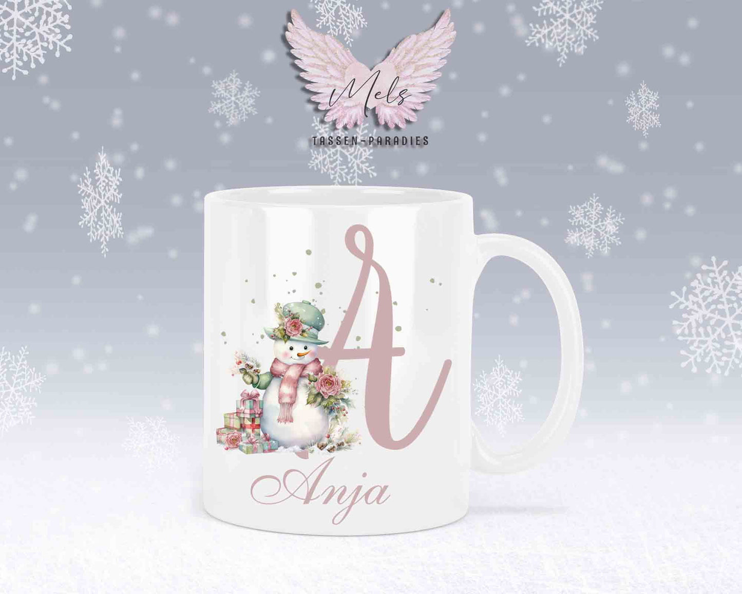 Schneemann Rosa-Alphabet mit Name - Personalisierte Keramik-Tasse Weiß