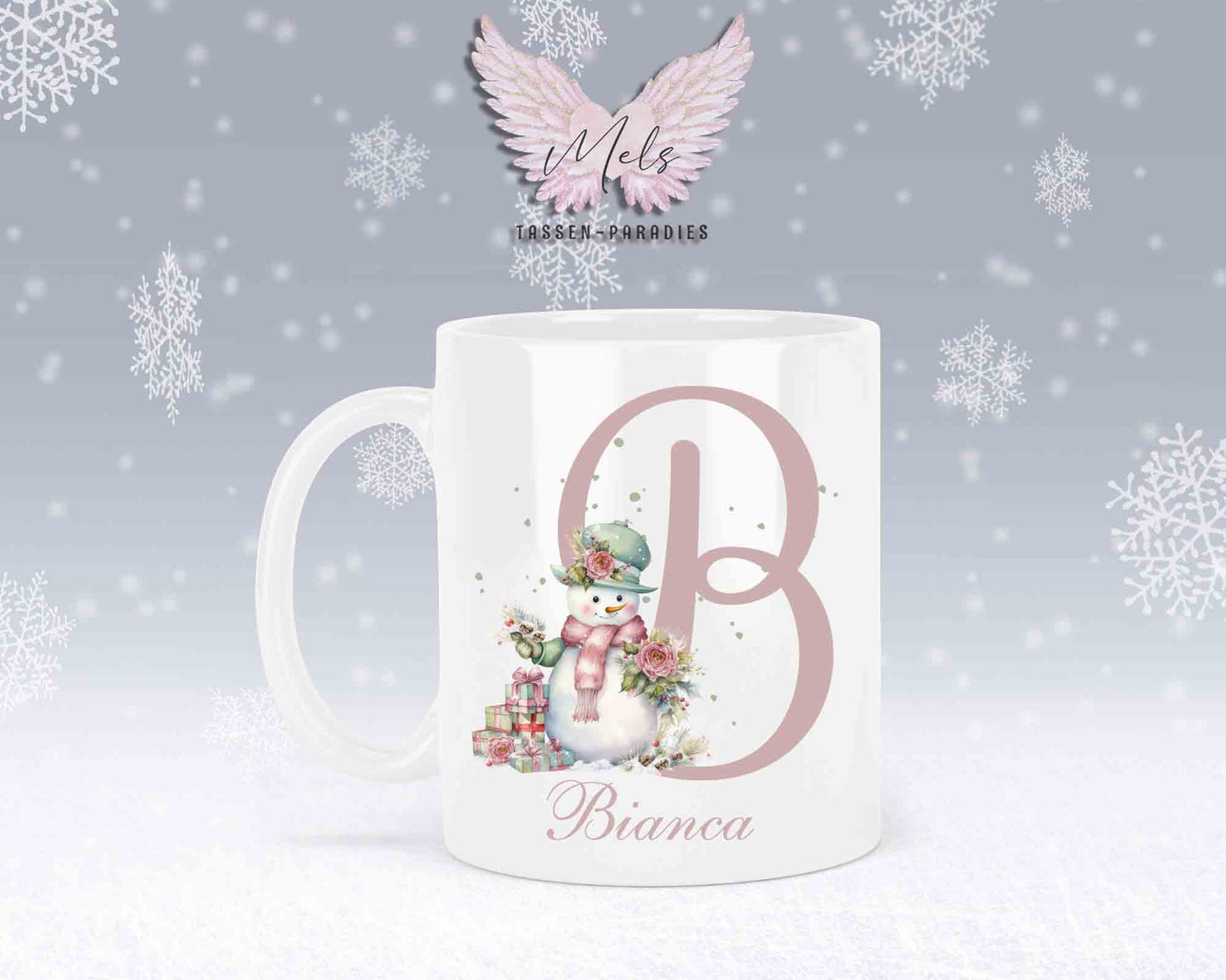 Schneemann Rosa-Alphabet mit Name - Personalisierte Keramik-Tasse Weiß